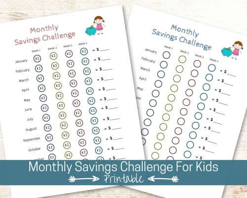 Two sheets of paper with two different kid's money savings challenges - on an off white background.  One money challenge is pre-filled and the other is blank. 