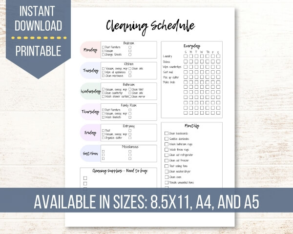 A one page daily, weekly, and monthly cleaning schedule that is sold by Lemonade Mindset on Etsy