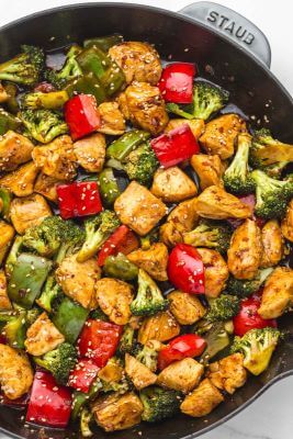 A pan of Teriyaki Chicken Stir Fry - Chicken, Broccoli, and Peppers