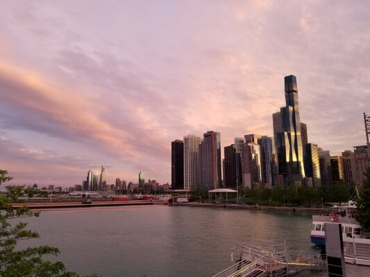 View of Chicago Skyline at Sunset from The Navy Pier