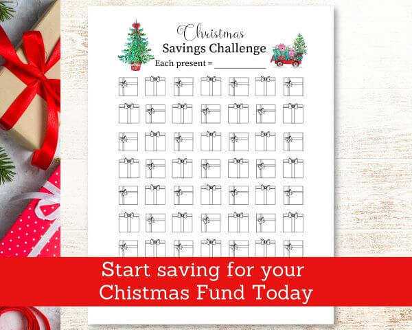Paper with presents on it - Color in each present as you save money for your Christmas Savings Challenge