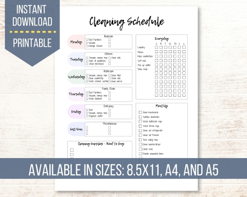1 Page Daily, Weekly, and Monthly Cleaning Schedule