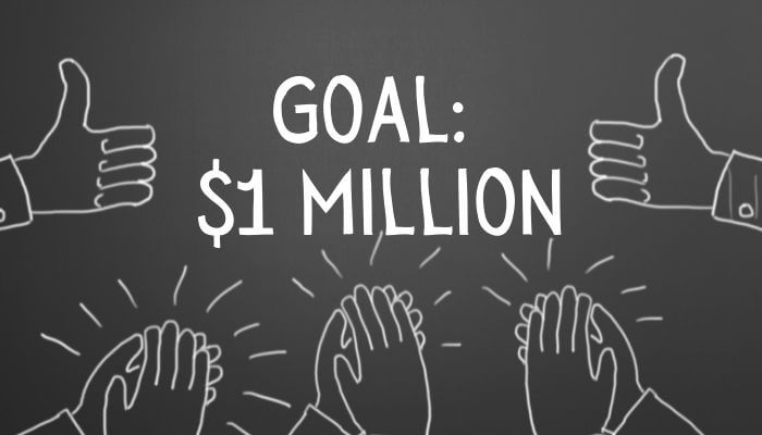 Black Background with drawings of hands giving thumbs up and clapping to celebrate reaching a goal of $1 Million