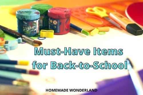 Various back to school items: pencils, paint, scissors, eraser