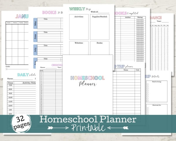 Etsy Listing for 32 Page Homeschool Planner - 10 pages of the planner shown