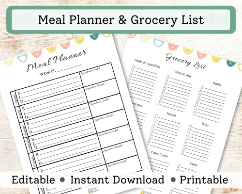 1 Page Meal Planner for each day of the week and 1 page grocery list