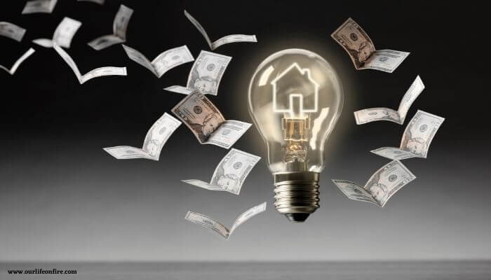 A lightbulb with money flying around it
