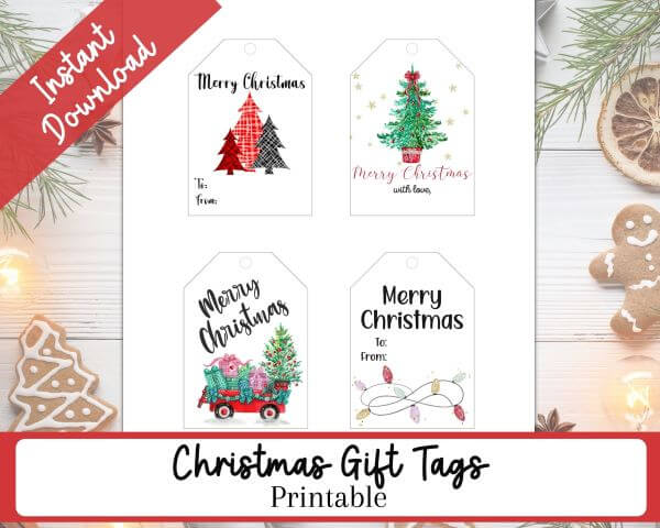 Four different Christmas Gift Tags - One tag with plaid trees, One tag with a Green Christmas Tree, One tag with a wagon filled with presents, One tag with holiday lights.